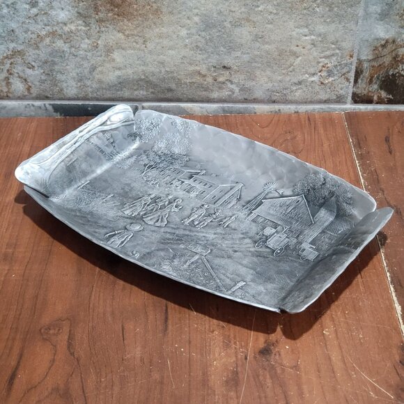 Vintage Handmade Wendell August Tray Metal Aluminum Amish Farm Scene Decorative - Picture 12 of 12